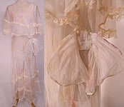Vintage Over The Garden Wall Pink Roses  White Organdy Ruffle Shawl Collar Bias Cut Dress