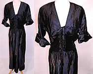 Vintage Black Silk Satin Corset Lace-up Front Neckline Evening Gown Dress