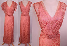 Vintage Pink Floral Cut Work Lace Belted Bias Cut Gown Dress Slip Bolero Jacket