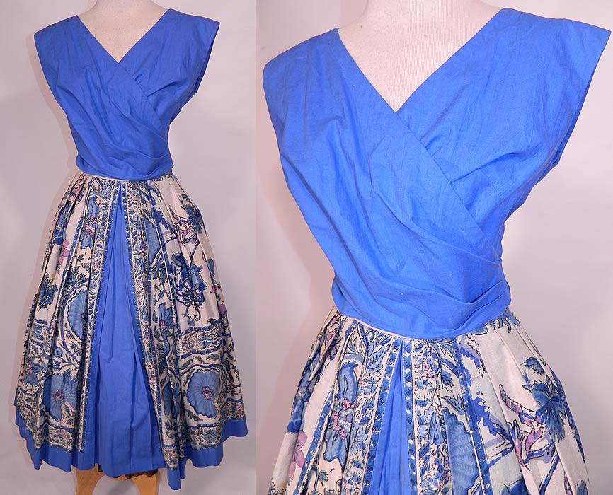 Vintage Tabak of California Sanganer India Hand Block Print Cotton Circle Skirt Dress. This vintage Tabak of California Sanganer India hand block print cotton circle skirt dress dates from the 1950s. It is made of a Sanganer India style of hand block printed cotton muslin fabric with shades of blue color ethnic floral vine leaf print design.