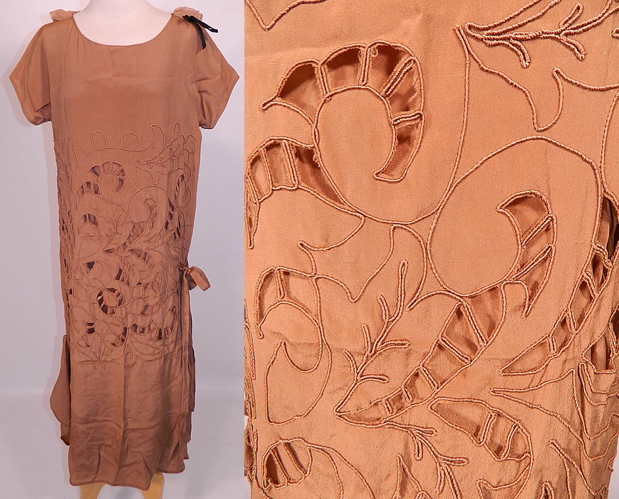 Vintage Beige Silk Soutache Cut Work Lace Drop Waist Shift Dress & Slip. This vintage beige silk soutache cut work lace drop waist shift dress and slip dates from the 1930s. It is made of a light brown French beige color silk fabric, with a soutache, cut work abstract spiral scrolling pattern design. 