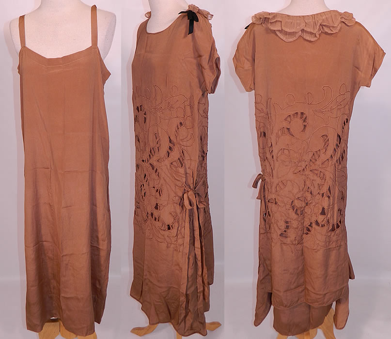 Vintage Beige Silk Soutache Cut Work Lace Drop Waist Shift Dress & Slip. This beautiful beige drop waist dress has a loose fitting straight shift style, short sleeves, a scalloped ruffle back collar, black silk ribbon bow shoulder trim, a matching fabric sash tie on the hip with side slit skirt and an asymmetrical uneven hemline skirt. 