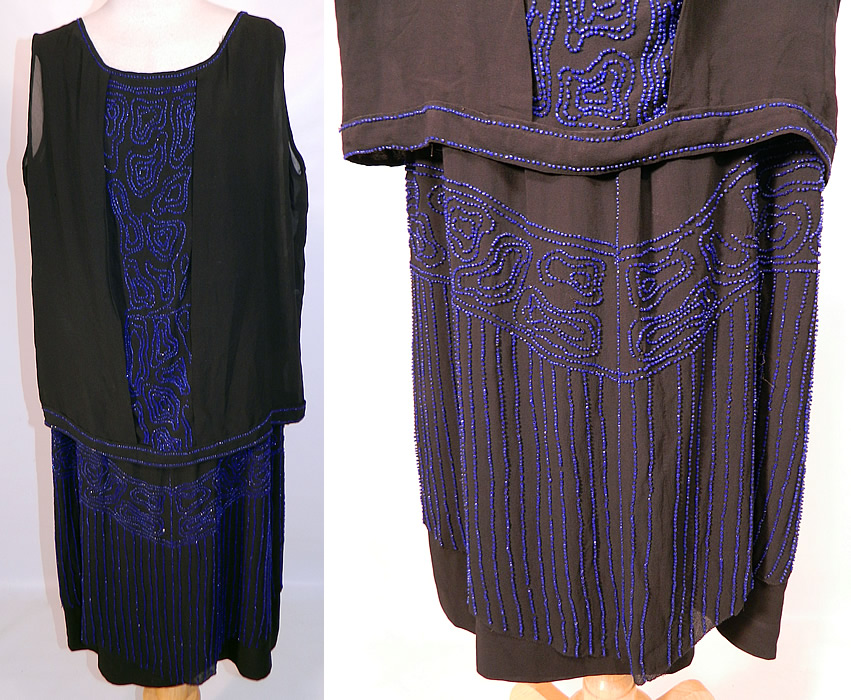 Vintage Art Deco Black Silk Cobalt Blue Beaded Drop Waist Flapper Dress. This amazing Art Deco vintage black silk cobalt blue beaded drop waist flapper dress dates from the 1920s. It is made of a black silk crepe de chine fabric, with bright cobalt blue beading done in Art Deco abstract designs.