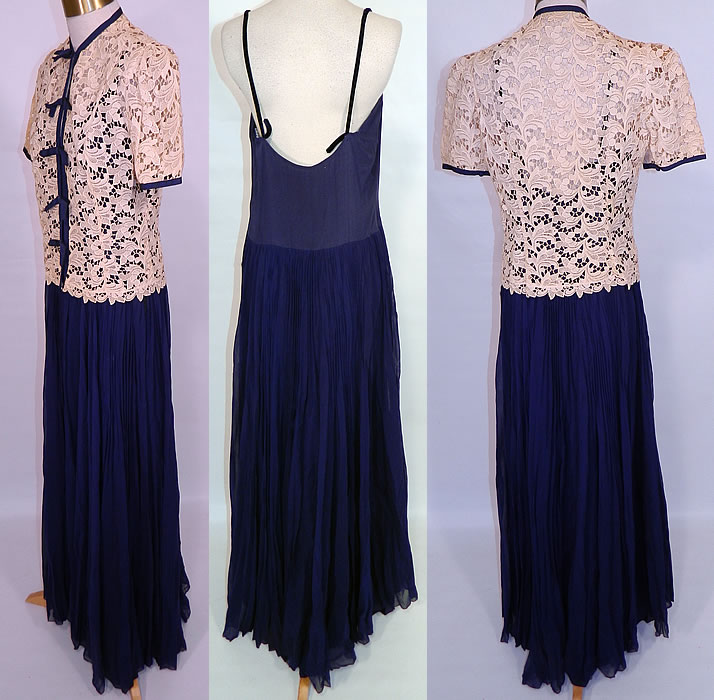 Vintage Navy Blue Silk Chiffon Slip Dress Gown & Ecru Lace  Jacket Blouse Top. The dress measures 58 inches long, with 40 inch hips, a 27 inch waist and 36 inch bust. Included is an off white ecru cream color sheer cut work lace jacket blouse, with navy blue silk ribbon trim edging, a bow trim front with hook closures, short sleeves and is sheer, unlined.