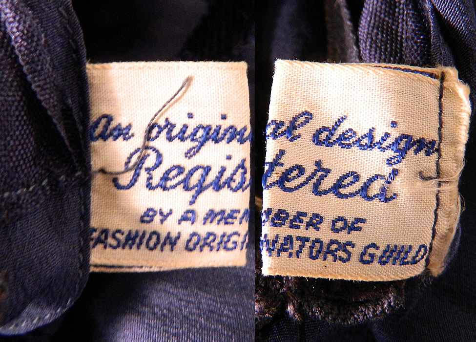 Vintage Navy Blue Silk Chiffon Slip Dress Gown & Ecru Lace  Jacket Blouse Top. There is "An original design Registered by a member of Fashion Originators Guild" label and name "Spaulding" tag sewn inside. 