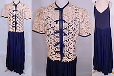 Vintage Navy Blue Silk Chiffon Slip Dress Gown & Ecru Lace  Jacket Blouse Top