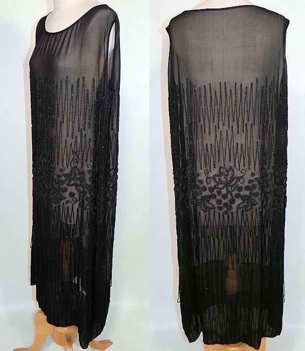 Vintage Art Deco Black Sheer Silk Chiffon Beaded Grape Leaf Flapper Dress. The dress is a large size measuring 43 inches long, with 46 inch hips, a 44 inch waist and 40 inch bust. It is in good condition, with only some missing loose bead work. This is truly a wonderful piece of Art Deco wearable beaded textile art! 