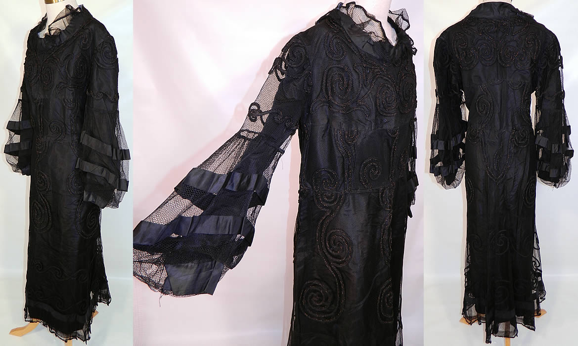 Vintage Black Soutache Embroidered Net Victorian Inspired Evening Gown Dress. The gown is made of a Victorian era black net soutache embroidered fabric, but remade into a 1930s style with added sleeve trim. This beautiful black dress is a long floor length with a loose fitting style, long full bishop style sleeves trimmed in black silk stripes, a ruffled flounce net collar neckline, fully lined in a black silk taffeta fabric and has no side or back opening closures.
