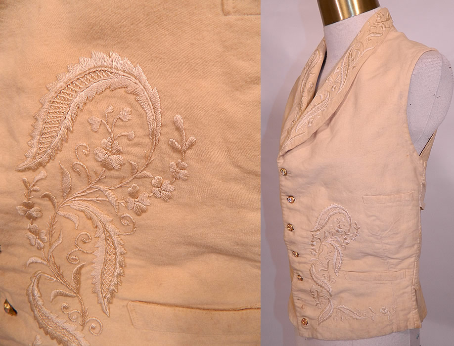 Victorian Gentleman's Cream Wool Embroidered Wedding Waistcoat Vest. t is hand stitched and made of an off white cream color fine wool fabric, with silk raised padded satin stitch and French knot hand embroidery work of flower vine leaf designs. This is truly a rare and exceptional quality made men's early Victorian vest!
