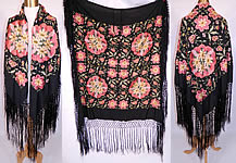 Vintage Black Silk Floral Pastel Embroidered  Flapper Boho Piano Shawl 