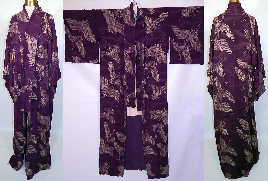 Vintage Japanese Geisha Purple Silk Silver Crane Mon Family Crest Formal Kimono. This vintage Japanese geisha purple silk silver crane mon family crest formal kimono dates from the Showa Period 1930s. I