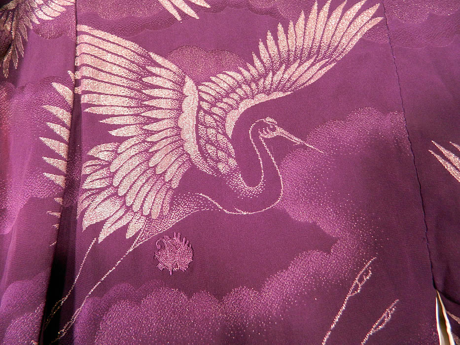 Vintage Japanese Geisha Purple Silk Silver Crane Mon Family Crest Formal Kimono. There are cranes in flight which symbolizes good fortune and longevity. 