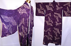 Vintage Japanese Geisha Purple Silk Silver Crane Mon Family Crest Formal Kimono