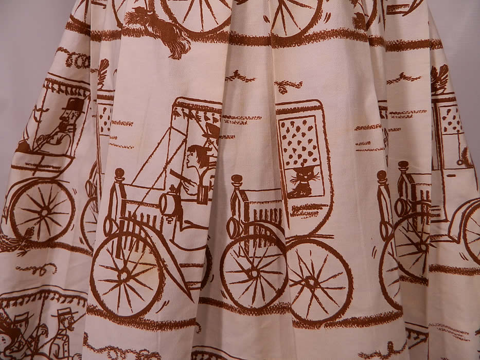 Vintage Joe Barry Model T Car Cat Novelty Print Linen Summer Sun Dress
This charming whimsical summer sun dress has a brown sleeveless top, fitted waist, pleated full short skirt, back zipper closure and is unlined.