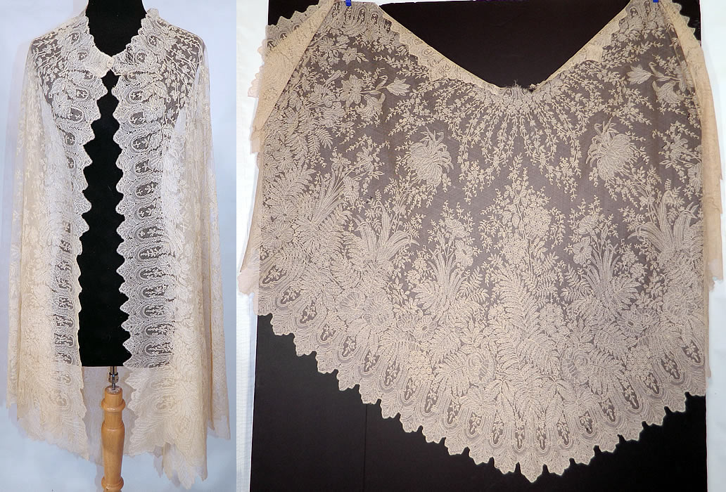 Victorian Civil War Antique Blonde Chantilly Lace Mantilla Shawl Cloak Cape. This rare antique Victorian Civil War era blonde chantilly lace mantilla shawl cloak cape dates from the 1860s.