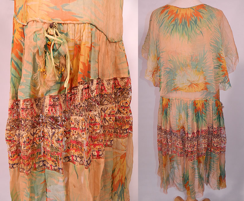 Vintage Yellow Marigold Flower Print Silk Chiffon Lace Skirt Drop Waist Dress. The dress measures 40 inches long, with 34 inch hips, a 34 inch waist and 34 inch bust. It is in good condition, but has not been cleaned with some faint discoloration. This is truly a wonderful piece of wearable art!