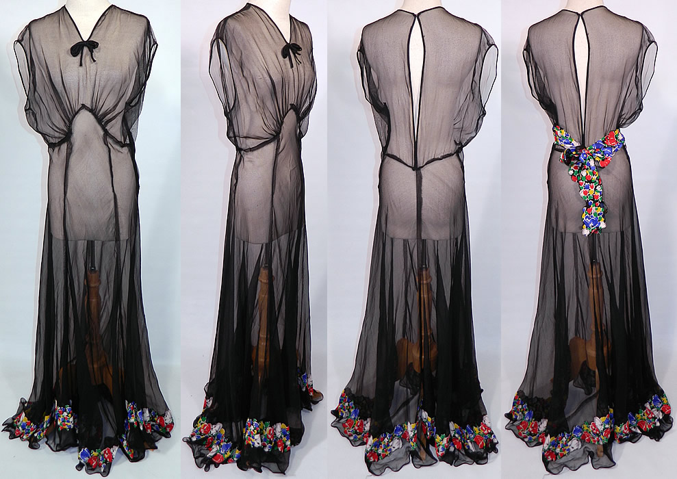 Vintage Sheer Black Chiffon Floral Print Silk Trim Belted Bias Cut Gown Dress. This beautiful bias cut gown long floor length dress is sleeveless, with a bow trim front neckline, large key hole opening back, long full skirt, side zipper closure and is sheer, unlined.
