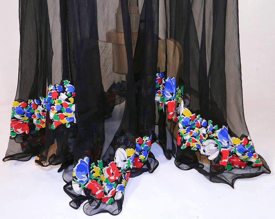 Vintage Sheer Black Chiffon Floral Print Silk Trim Belted Bias Cut Gown Dress. It is in excellent condition. This is truly a wonderful piece of wearable art! 