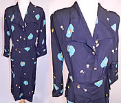 Vintage Navy Blue Rayon Heart Shape Leaf Tulip Flower Novelty Print Dress.