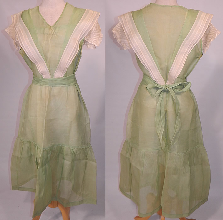 Vintage Mint Green Cotton Organdy Belted Dress & Chemise Teddy Slip. This vintage mint green cotton organdy belted dress and chemise teddy slip dates from the 1930s. It is made of a pastel mint green color sheer cotton organdy fabric, with white pleated trim over the shoulders and lace trim sleeve cuffs.