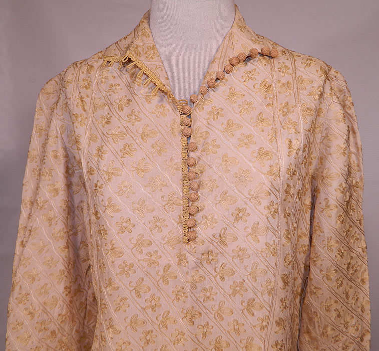 Vintage Cream Silk Chain Stitch Embroidered Ethnic India Boho Dress. This beautiful boho dress is loose fitting, with a drop waist, pleated front skirt, long sleeves with button cuffs, crochet ball buttons down the front neck, side zipper closure and is unlined.