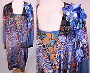 Vintage Embellished Colorful Blue Floral Print Velvet Drop Waist Flapper Dress