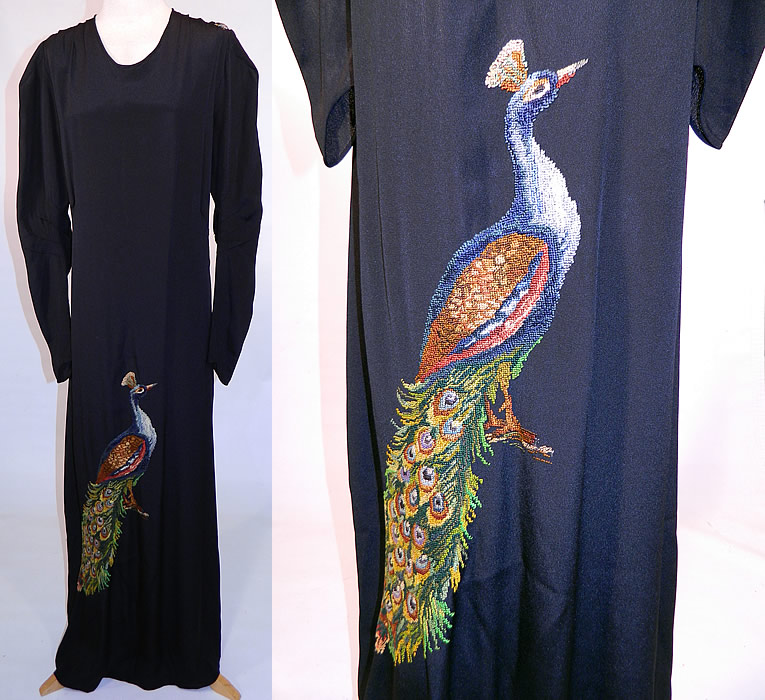 Vintage Black Silk Crepe Peacock Embroidered Needlepoint Maxi Dress Gown. This amazing vintage black silk crepe peacock embroidered needlepoint maxi dress gown dates from the 1940s.