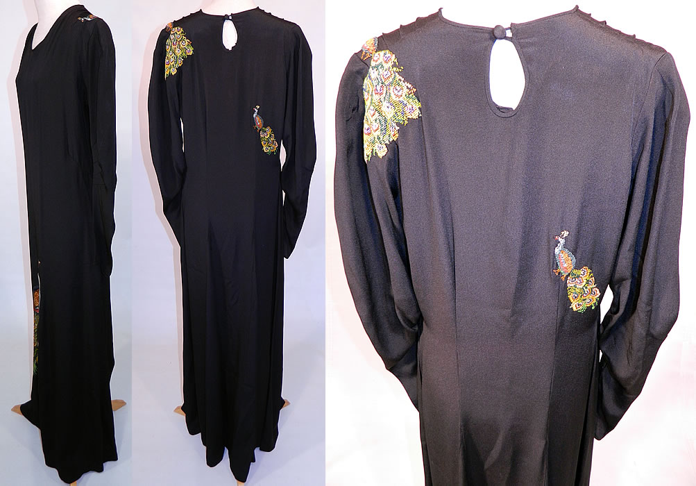 Vintage Black Silk Crepe Peacock Embroidered Needlepoint Maxi Dress Gown. It is made of a black silk crepe de chine fabric, with colorful hand embroidered needlepoint peacocks on front skirt, back top and shoulder.