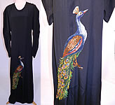 Vintage Black Silk Crepe Peacock Embroidered Needlepoint Maxi Dress Gown
