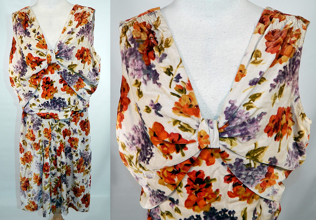Vintage Lilacs & Pansies Floral Print Velvet Drop Waist Dress Slip Blouse. This vintage lilacs and pansies floral print velvet drop waist dress slip and blouse dates from the 1920s. It is made of a creamy off white background with colorful purple lilacs, orange pansies floral print silk velvet fabric. This pretty print dress has a loose fitting drop waist slip, with a sheer net sleeveless top, plunging V necklines, gathered pleated front short skirt and snap closures.