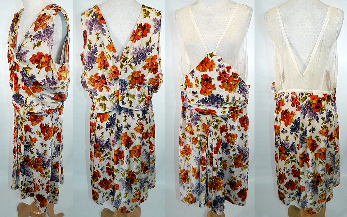 Vintage Lilacs & Pansies Floral Print Velvet Drop Waist Dress Slip Blouse. The slip dress measures 38 inches long, with 36 inch hips, a 30 inch waist and 36 inch bust. There is a matching fabric sleeveless blouse fitted waist top, with smocking along the shoulders, a gathered drape front, plunging V necklines and metal weights along the bottom. The top measures 20 inches long, with a 28 inch waist and 36 inch bust. It is in good condition. This is truly a wonderful piece of wearable art!