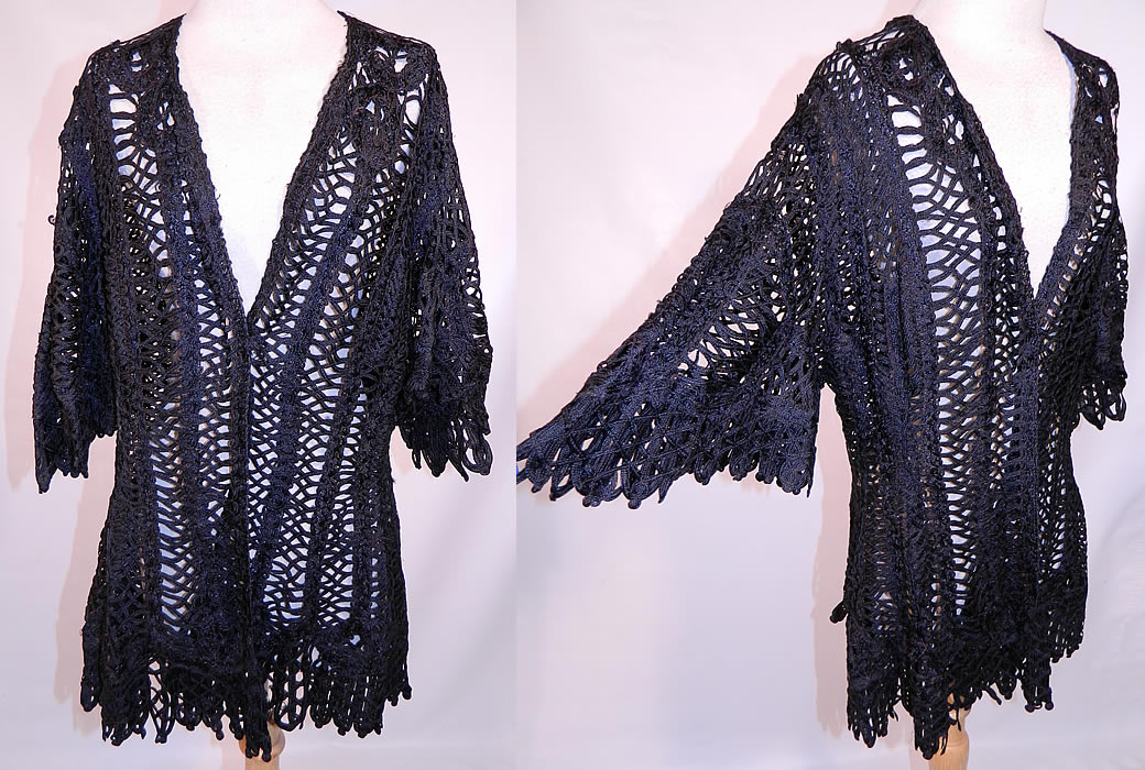Edwardian Black Silk Battenburg Tape Lace Pagoda Sleeve Coat Jacket. This exquisite Edwardian era antique black silk Battenburg tape lace pagoda sleeve coat jacket dates from 1905. It is made of a sheer black silk Battenburg tape lace with connecting brides, bars creating a woven lattice work looped design.