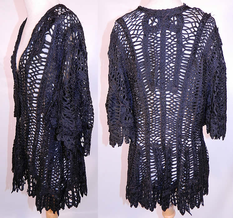 Edwardian Black Silk Battenburg Tape Lace Pagoda Sleeve Coat Jacket. This lovely lace loose fitting coat jacket has a fitted back, open front with no closure, flared wide bell shaped pagoda sleeves and is sheer, unlined. 