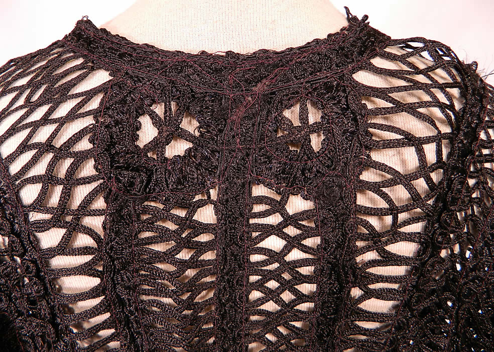 Edwardian Black Silk Battenburg Tape Lace Pagoda Sleeve Coat Jacket. The coat measures 30 inches long, with 42 inch hips, a 30 inch waist, 38 inch bust and 15 inch back. It is in good condition, with a few small mended repairs. This is truly a beautiful hand made unique one of a kind piece of wearable antique textile lace art! 