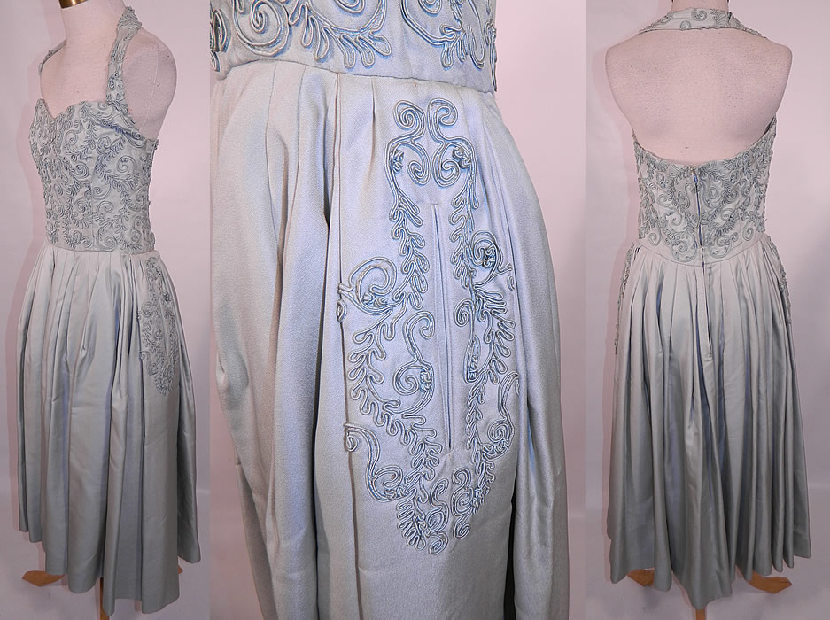 Vintage Blue Silk Crepe Soutache Passementerie Trim Circle Skirt Halter Dress. This gorgeous gown party dress has a halter top style with embellished neck strap, sweetheart front neckline, a fitted waist, full circle skirt with hidden side pockets, back zipper closure and is fully lined with stays boning inside the bodice and a built in taffeta petticoat for added fullness.