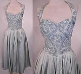 Vintage Blue Silk Crepe Soutache Passementerie Trim Circle Skirt Halter Dress