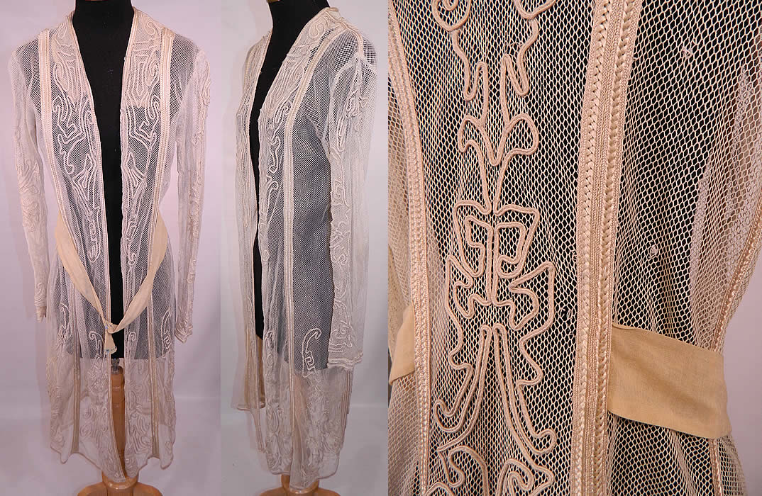 Edwardian Ecru Cream Net Soutache Work Walking Suit Jacket Coat. The jacket measures 40 inches long, with 34 inch hips, a 34 inch waist, 34 inch bust, 13 inch back and 23 inch long sleeves. It is in good condition, with only a few tiny pin holes in the net. This is truly a wonderful piece of antique wearable textile lace art!