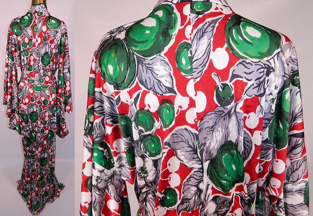 Vintage University Sport Wear Hawaii Apple Cherry Print Rayon Belted Kimono Robe. This Japanese style kimono robe is a long floor length, with an attached belted back front tie sash, and long wide swinging kimono sleeves. 