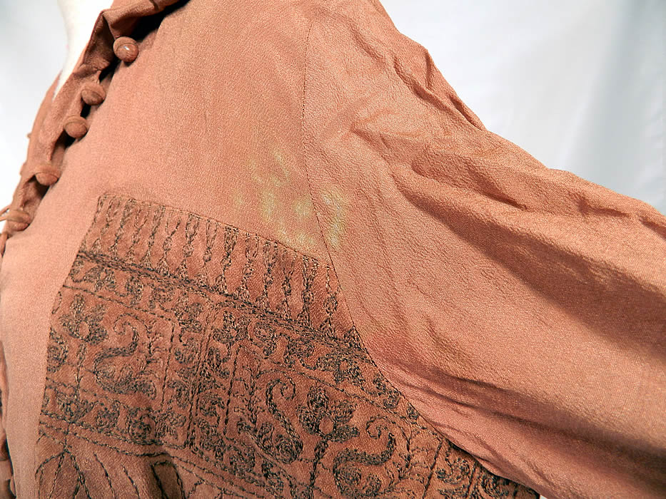 Vintage Art Deco Brown Silk Gold Metallic Embroidered Ethnic Flapper Blouse. It is in good condition, but is missing a couple of buttons, has not been cleaned and has a small discoloration stain on the sleeve under the arm (see close-up). This is truly a wonderful piece of wearable Art Deco textile art! 