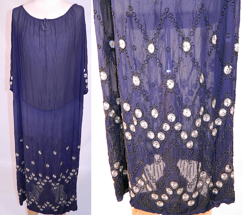 Vintage Art Deco Navy Blue Sheer Silk Chiffon Beaded Polka Dot Flapper Dress. This amazing Art Deco vintage navy blue sheer silk chiffon beaded polka dot flapper dress dates from the 1920s. It is made of a navy blue sheer silk chiffon fabric, with a black beaded, white silk embroidered abstract polka dot pattern Art Deco design.
