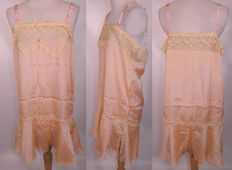 Vintage Flapper Underwear Pink Silk Cream Lace Lingerie Chemise Teddy Slip. This vintage flapper underwear pink silk cream lace lingerie chemise teddy slip dates from the 1920s. It is made of a pale pastel pink fine silk fabric, with an ecru cream color lace trim edging and tiny silk ribbon rosette trim flower on the front neckline.