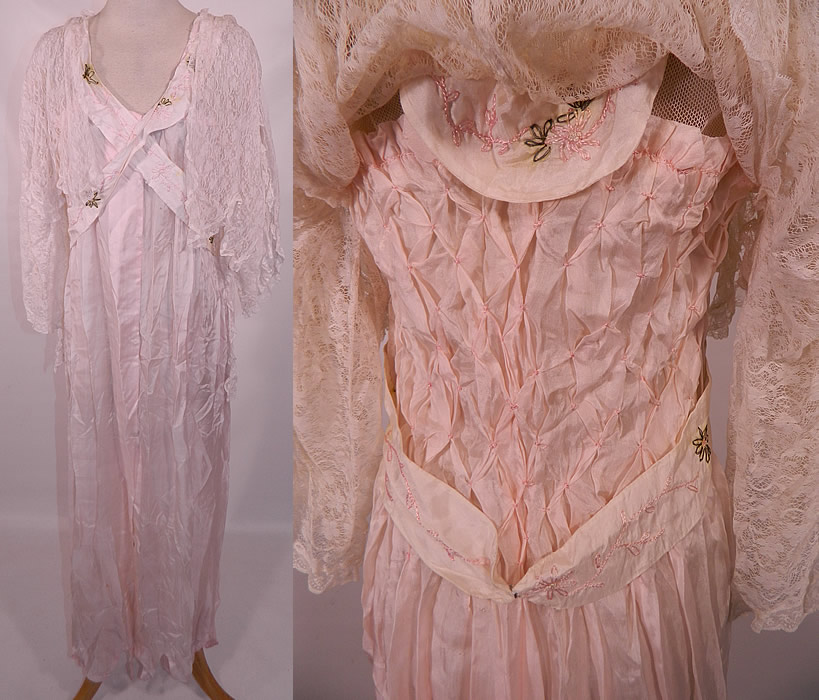 Edwardian Titanic Pink Silk Smocking White Lace Peignoir Negligee Nightgown Robe. This vintage Edwardian Titanic era pink silk smocking white lace peignoir negligee nightgown robe dates from 1912. It is made of a pale pastel pink fine silk fabric, with smocking detail on the back, daisy flower embroidered silk straps and a white lace overlay top.