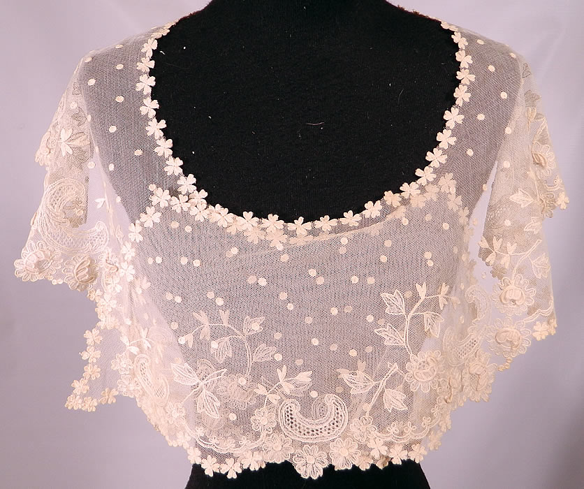 Antique Shamrock Limerick Lace Tambour Embroidery Trim  Shawl Collar. This antique Victorian era shamrock Limerick lace tambour embroidery trim shawl collar dates from 1900.
