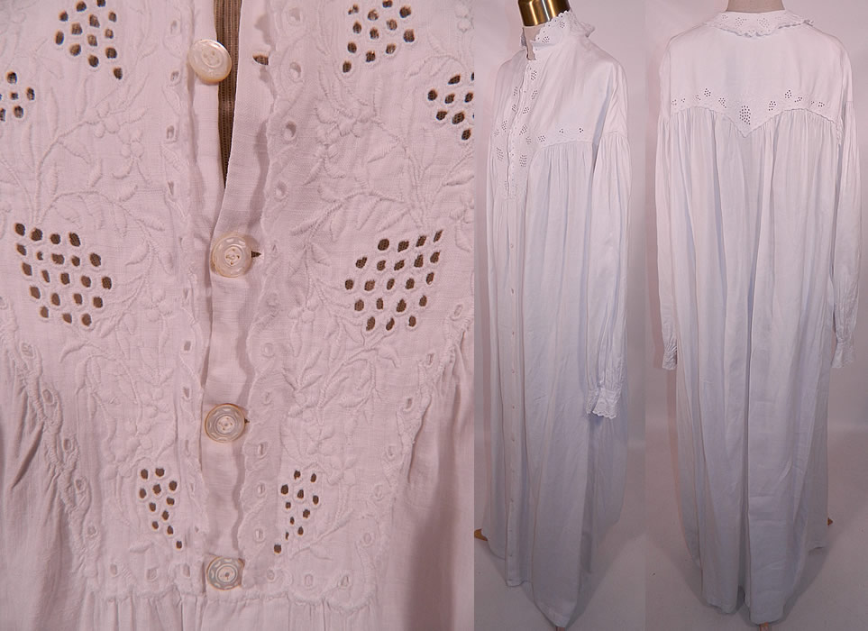 Victorian Broderie Anglaise Eyelet Embroidered Whitework Linen Nightgown Dress. This beautiful nightgown is loose fitting, a long floor length, with a high neck collar, long sleeves and small carved mother of pearl buttons all the way down the front for closure.