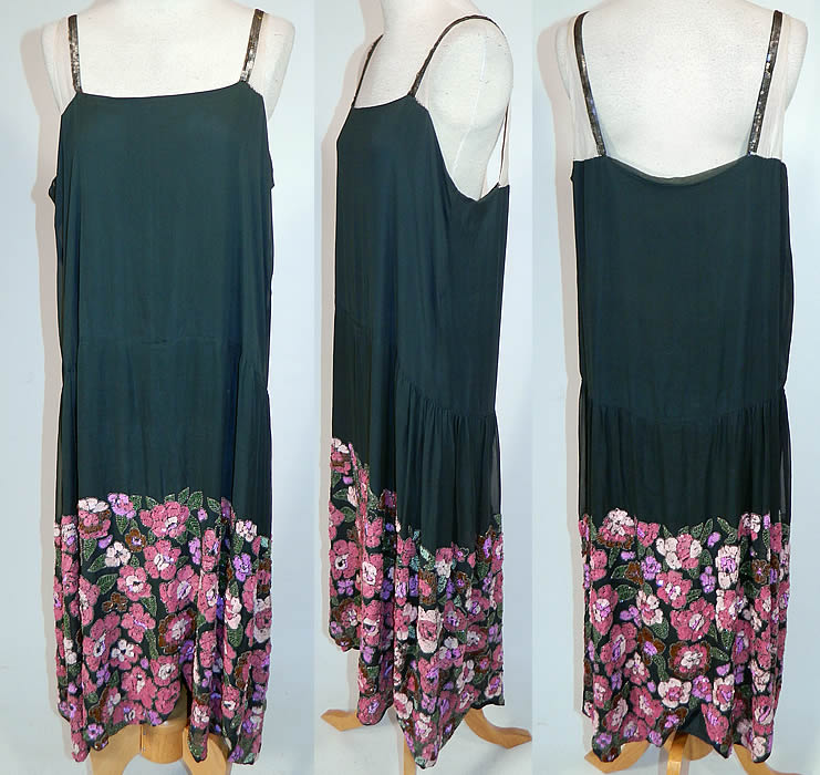 Vintage Green Silk Pink Sequin Beaded Floral Drop Waist Flapper Dress Slip
This vintage green silk pink sequin beaded floral drop waist flapper dress slip dates from the 1920s. This is truly a wonderful piece of Art Deco wearable embroidered textile art which would be great for design!