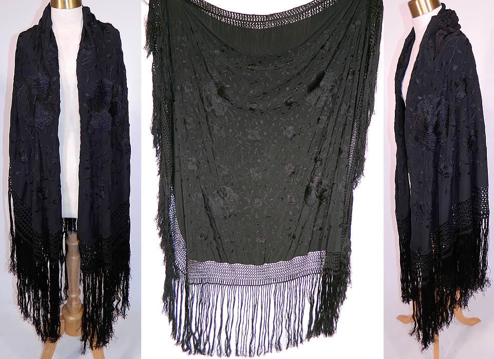 Antique Black Silk Floral Roses Embroidered Canton Piano Shawl
This antique black silk floral roses embroidered Canton piano shawl dates from the 1920s. It is made of a black silk fabric, with black silk raised padded satin stitch embroidery work floral rose vine leaf pattern designs.