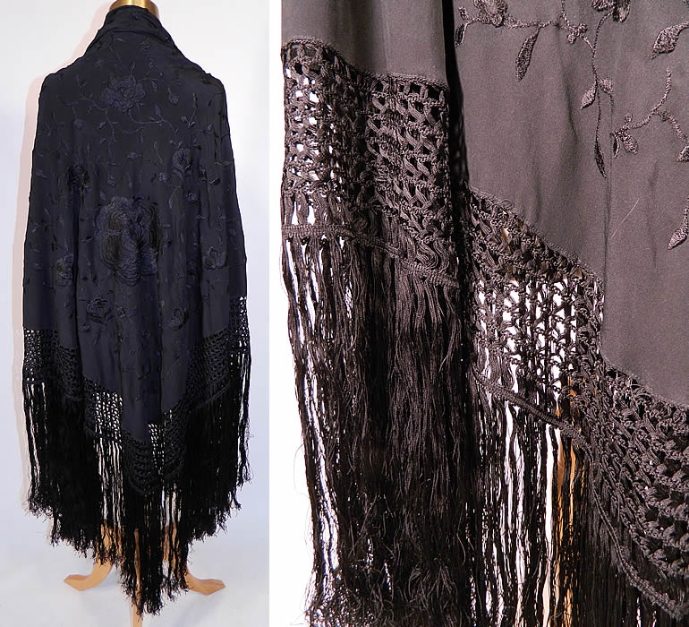 Antique Black Silk Floral Roses Embroidered Canton Piano Shawl
This beautiful black Spanish Flamenco style Bohemian shawl has hand knotted macramé black silk fringe which measures 19 inches long surrounding the entire shawl with rounded corners.