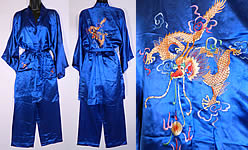 Vintage Peacock Blue Silk Hand Embroidered Chinese Dragon Pajamas Robe Pants
