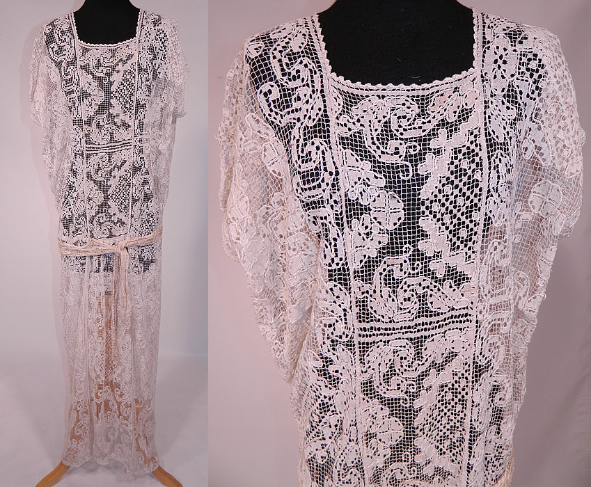 Vintage Cream Crochet Filet Lace Belted Drop Waist Maxi Dress
This exquisite vintage antique cream crochet filet lace belted drop waist maxi dress dates from the 1920s. It is made of an off white cream color sheer fishnet crochet filet lace fabric with a floral leaf and geometric diamond pattern.