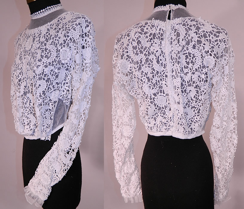 Edwardian White Needle Point Lace Figural Animal Insect Bird Blouse. 
The top measures 16 inches long, with a 22 inch waist, 34 inch bust, 13 inch back and 22 inch long sleeves. 
